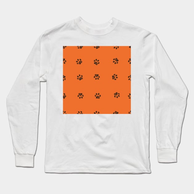 Black doodle paw with orange background Long Sleeve T-Shirt by GULSENGUNEL
